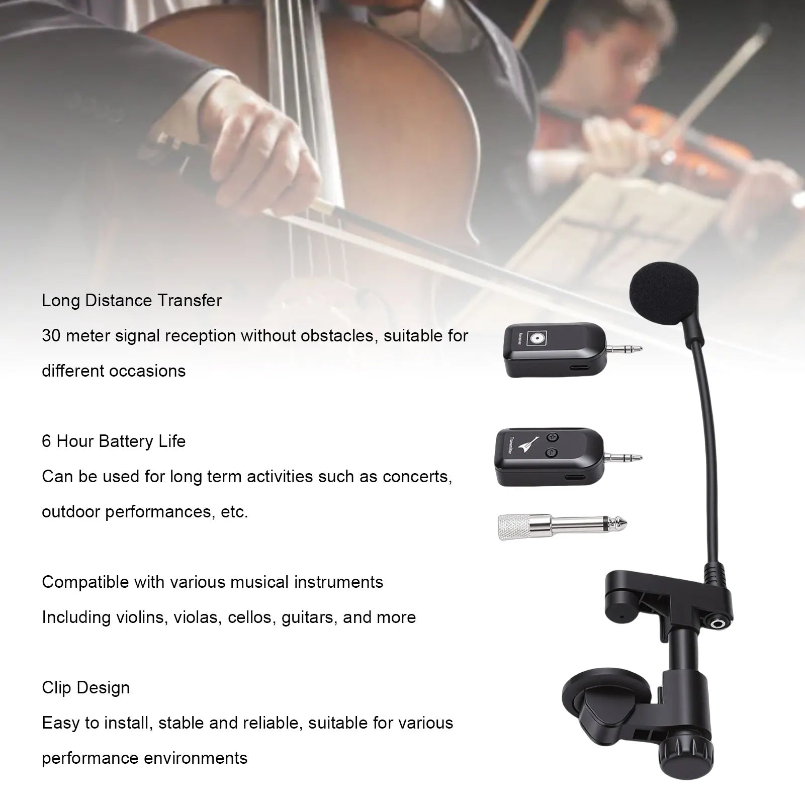 Wireless Instrument Mic Wireless Instrument Microphone 2.4G Violin Cello Guitar Clip On Condenser Mic for Stage Performance Band Oasis Select