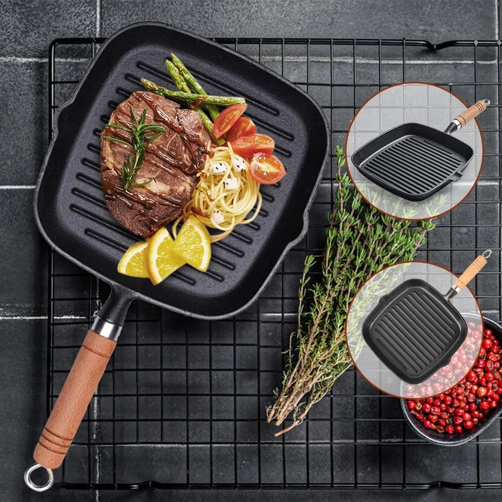 Cast Iron Grill Pan Non-Stick Square Skillet with Drip Spout with Wooden Handle for Indoor & Outdoor Grilling Oasis Select