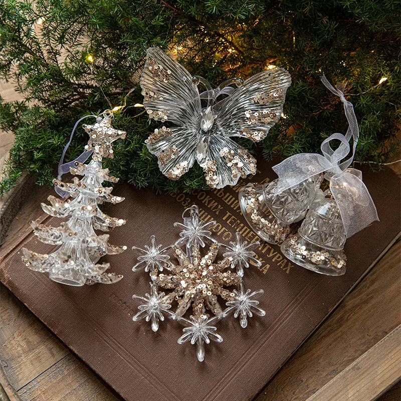 Christmas Tree Toys Acrylic Elk Bells Pendant Transparent Snowflake Pendants With Sequins Home Xmas Party Decoration Accessories Oasis Select