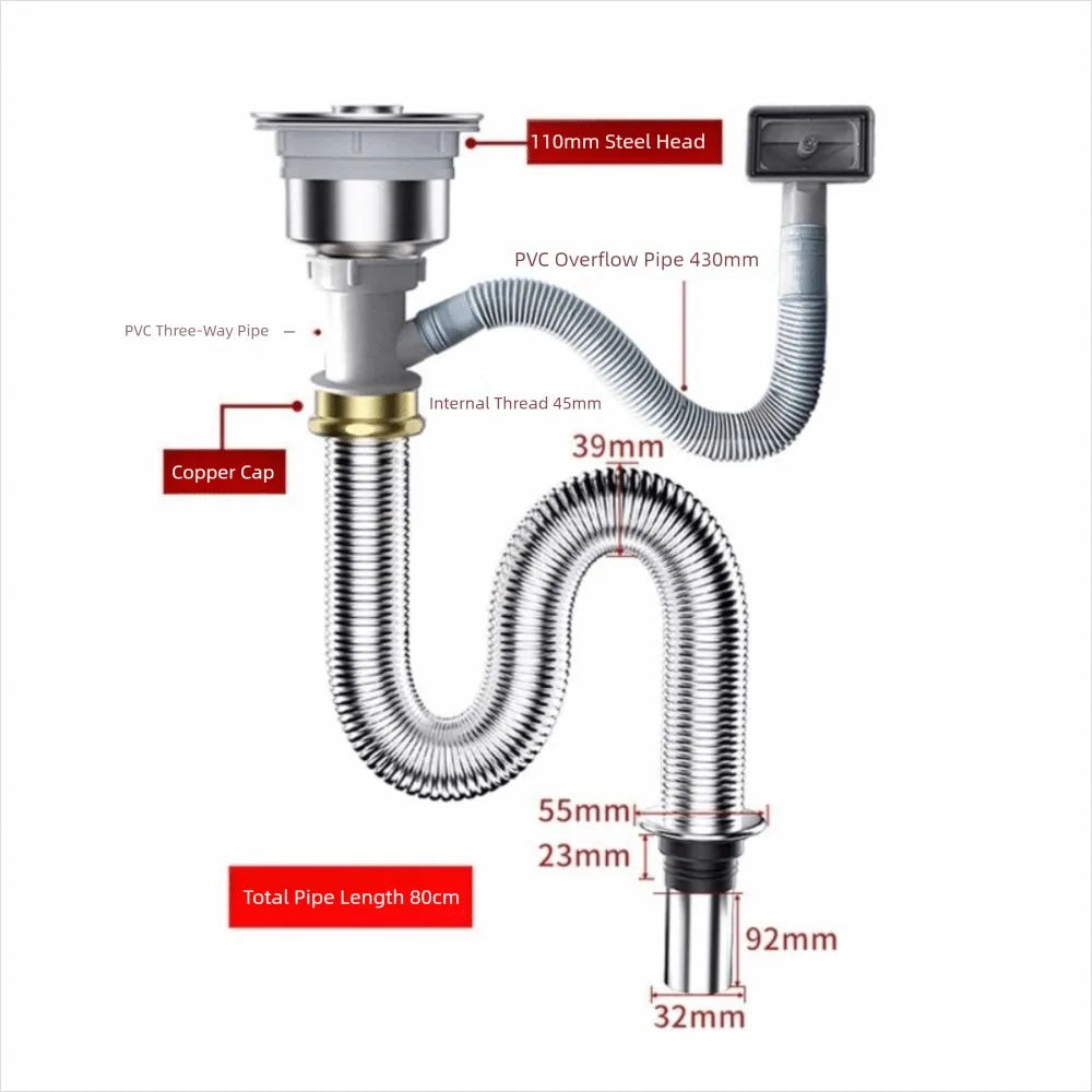 Stainless Steel Sink Drain Pipe Set Easy Install Space Saving Anti-Leak Drainage Kit Single/Double Bowl Anti Clogging Drain Hose Oasis Select Single-slot