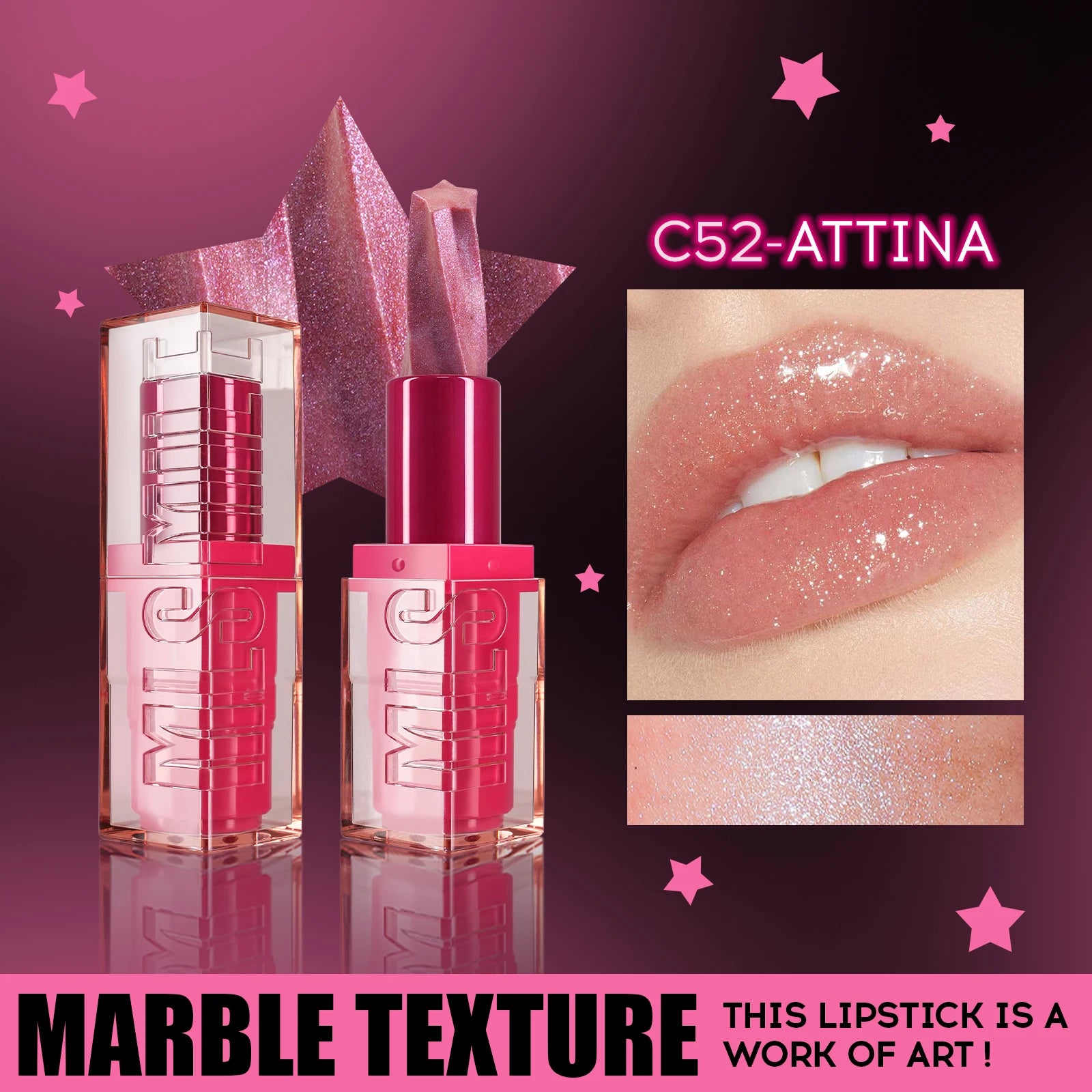 MLSMILE Spiral Star Glitter Marble Lipstick – Matte & Pearlescent