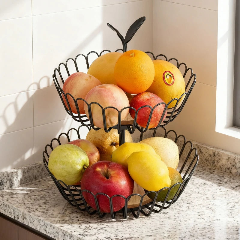 Kitchen double-layer fruit basket removable wooden bottom fruit plate hand basket living room wrought iron candy snack plate Oasis Select
