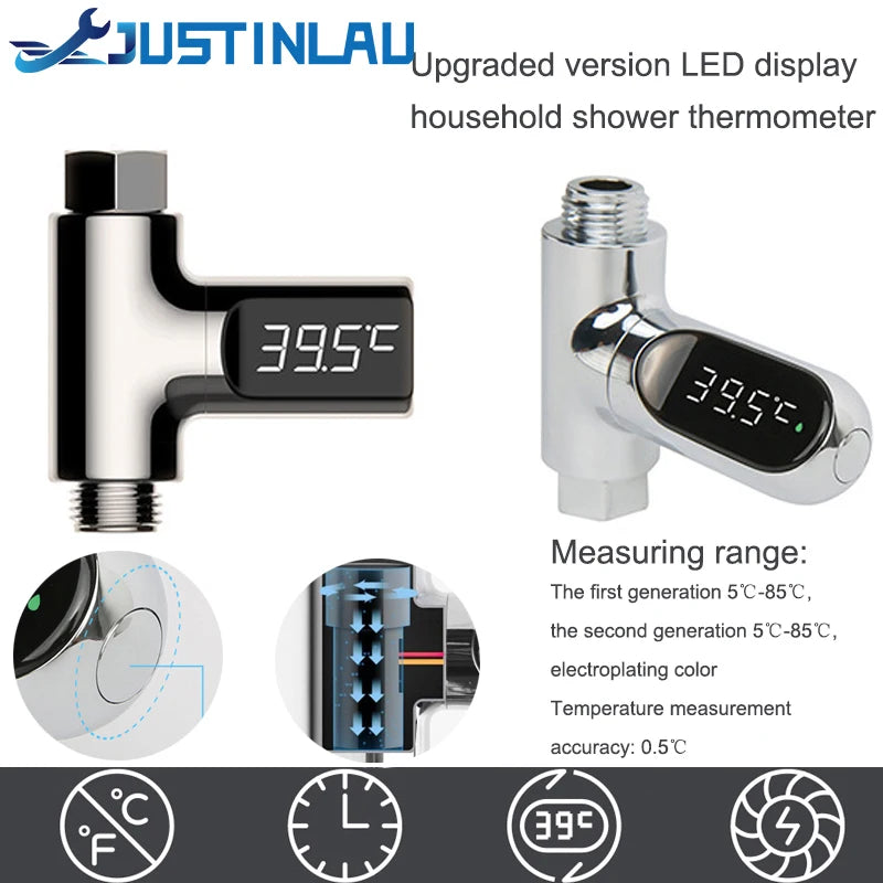 LED Display Household Water Shower Thermometer 5-85℃ Flow Self-powered Water Thermometer Monitoring Baby Care Energy Smart Meter Oasis Select