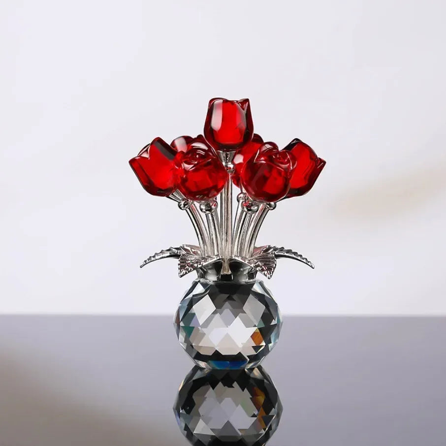 Crystal Red Rose Bouquet with Round Vase Figurines Gifts for Women Glass Bouquet Ornament Romantic Gifts Table Centerpiece Oasis Select