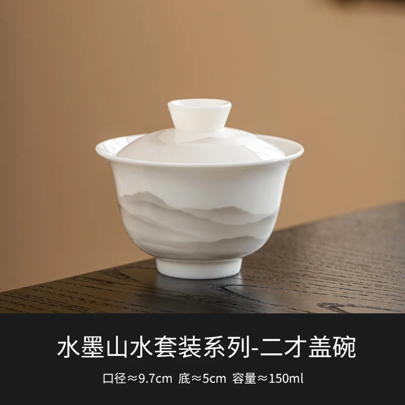 Yangzhi Jade Three-talent Covered Bowl Single High-end Non-scalding Tea Bowl with Lid White Porcelain Kung Fu Tea Set Tea Oasis Select No Specification Ercai Gaiwan