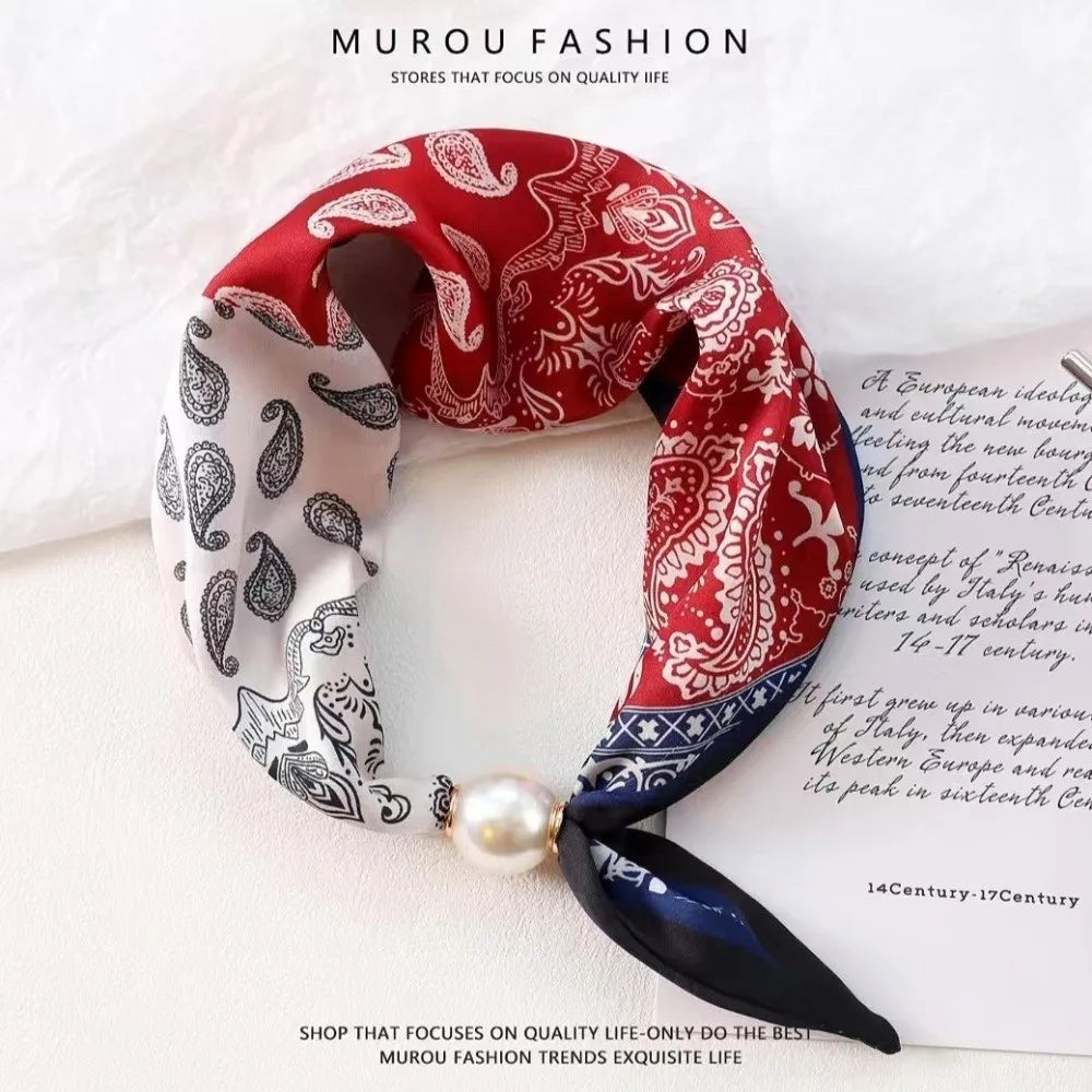 Elegant Breathable Silk Scarf Pearl Buckle Printed Magnetic Snap Scarf Lightweight Thin Faux Pearl Scarf for Women Accessories Oasis Select