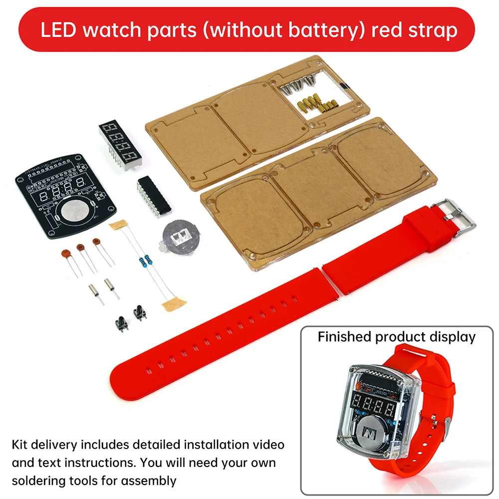 LED DIY Electronic Watch Kit Digital Tube Clock Accessories Soldering Assembly Electronic Silicone Watch Oasis Select Red