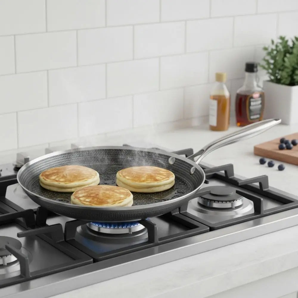 Universal Honeycomb Pattern Crepe Pan Ergonomic Handle Stainless Steel Pancake Pan Evenly Heated Flat-bottomed Frying Pan Stove Oasis Select