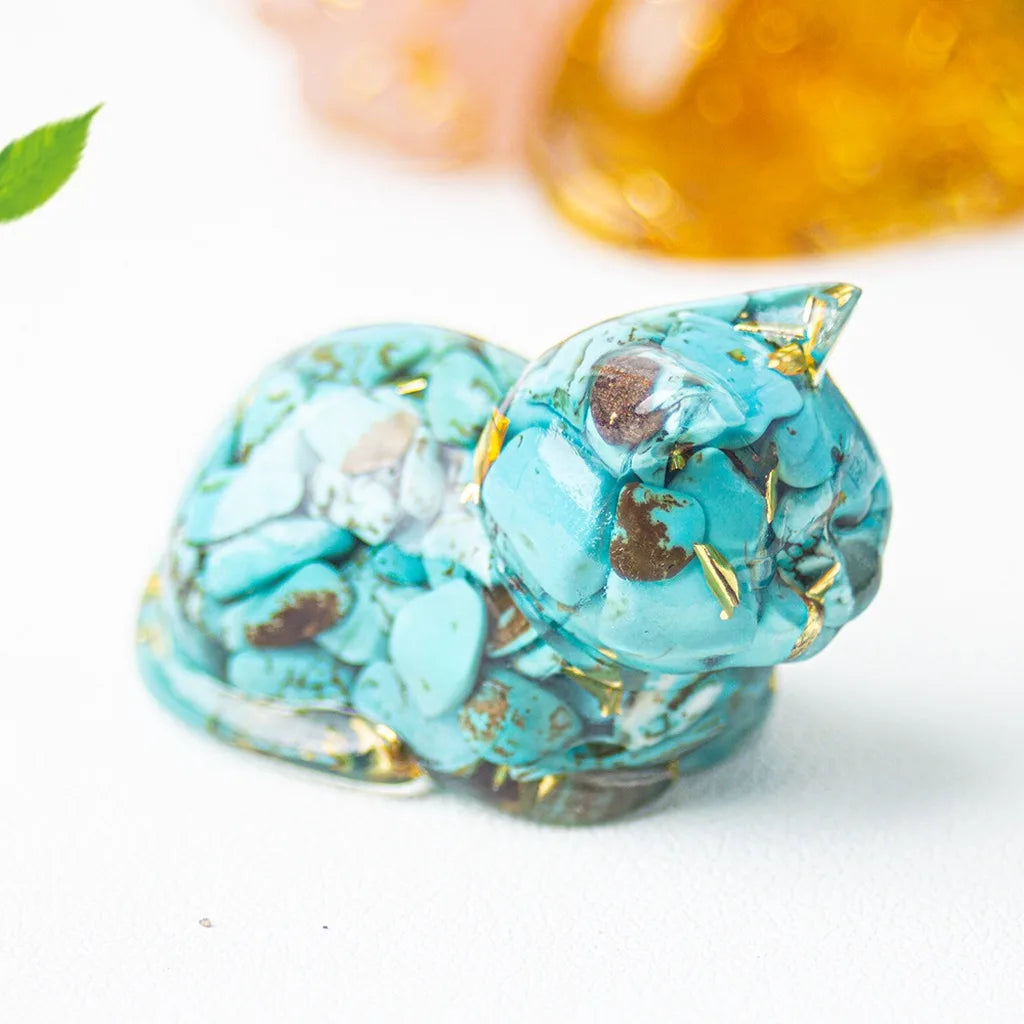 Crystal Chip Epoxy Lying Cat Figurine | Desk Decor & Gift