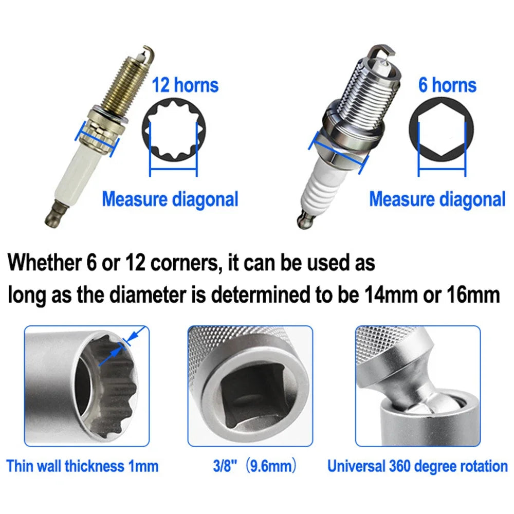 1pc 14/16mm Spark Plug Socket Wrench Adapter Set Universal Joint with Magnetic Flexible Socket Thin Drive Car Repair Tool Oasis Select