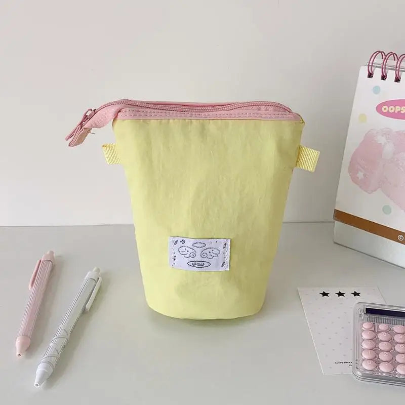 1Pcs Cute Polka Dot Solid Color Stationery Pencil Case Student Two Way Desktop Pen Holder Portable Organizer Bag ﻿ Oasis Select Yellow