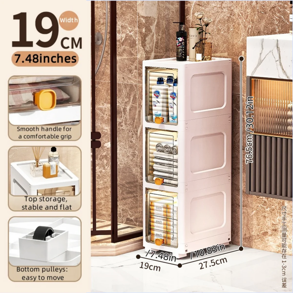 19cm Narrow Cabinet with Flip Lid Large Capacity Adjustable Shelves Organizer for Kitchen Bathroom Bedroom Living Room Oasis Select 3 Tiers Clear White