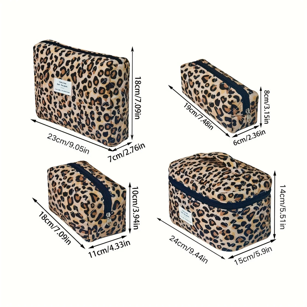 4Pcs European American Ins Style Leopard Print Makeup Bag Double Layer Large Capacity Travel Toiletry Bag Cosmetic Storage Organ Oasis Select leopard print