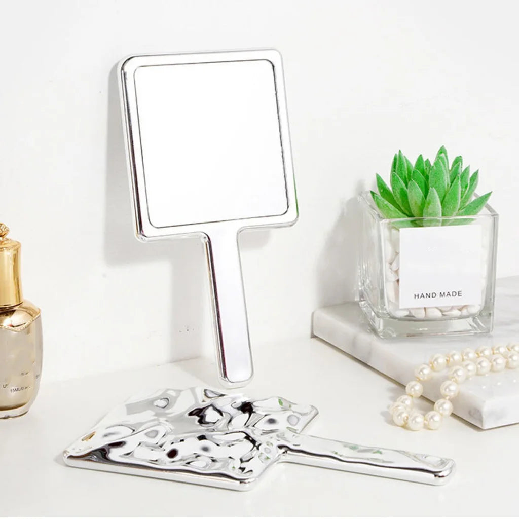 Square Handheld Makeup Mirror Liquid Shape Vanity Mirror With Handle Hand Mirror Spa Salon Compact Mirrors For Eyelash Extension Oasis Select Silver-9x16 cm
