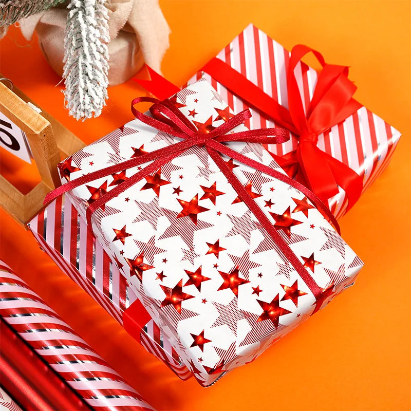 17" X 120" Xmas Wrapping Paper Roll Red White Metallic Color Stars Stripe Gifts Pattern for Merry Christmas Birthday Party Oasis Select