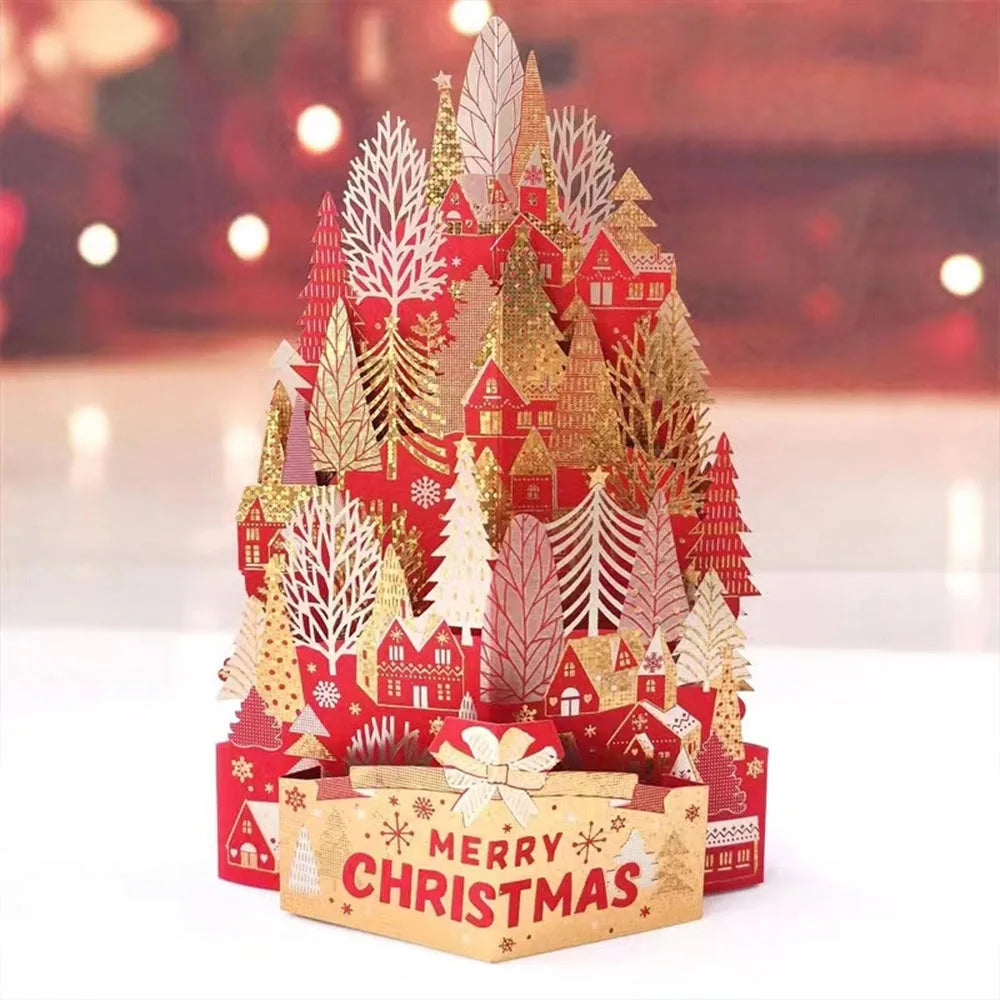 3D Pop-Up Christmas Card with Envelope – Gold Paper Carving