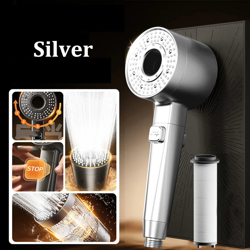 Filtered Super-pressurized Shower Head Five-speed Handheld Hollow Large Water Outlet Bathroom Shower Head Set Oasis Select Silver