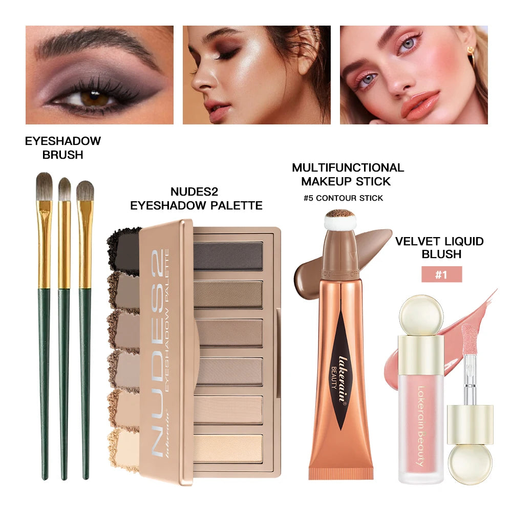 6pcs Face Makeup Set With Liquid Blush Highlight Contour Stick And Eyeshadow Palette Long Lasting Pigment Women Beauty Cosmetics Oasis Select SET 3