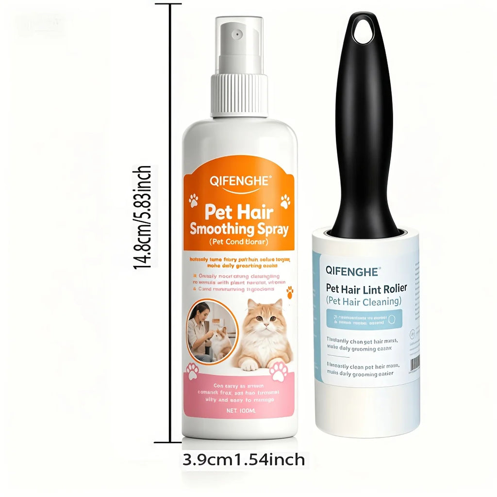 Pet Hair Detangling Spray & Reusable Lint Roller Set | Cats & Dogs