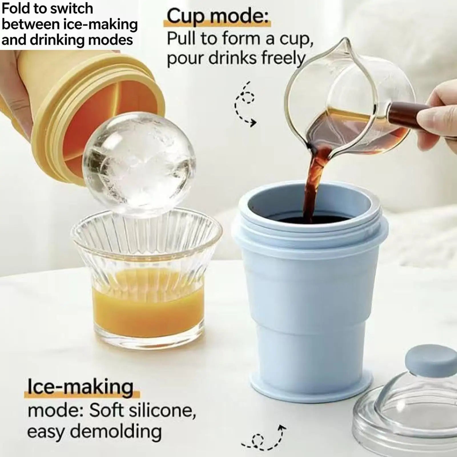 Ice Ball Cup 2-in-1 Foldable Silicone Ice Ball Cup Reusable Portable Ice Sphere Mold with Straw Lid for Coffee Juice Drinks Oasis Select