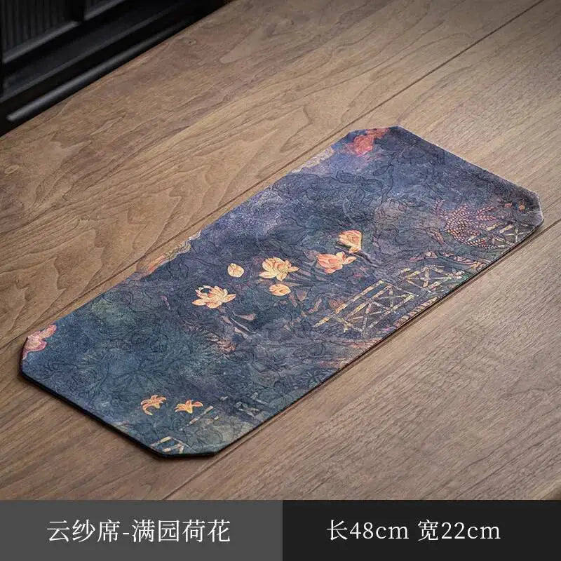 Chinese Zen Style Small Tea Table Mat Heat Insulation Waterproof Cloth Mat Chinese Style Silk Fabric Double-sided Dry Oasis Select Full Garden of Lotus