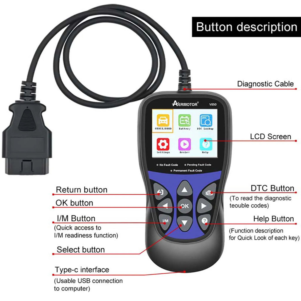 Aermotor V850 OBD2 Car Diagnostic Scanner & Code Reader OBD2 Diagnostic Scanner Oasis Select