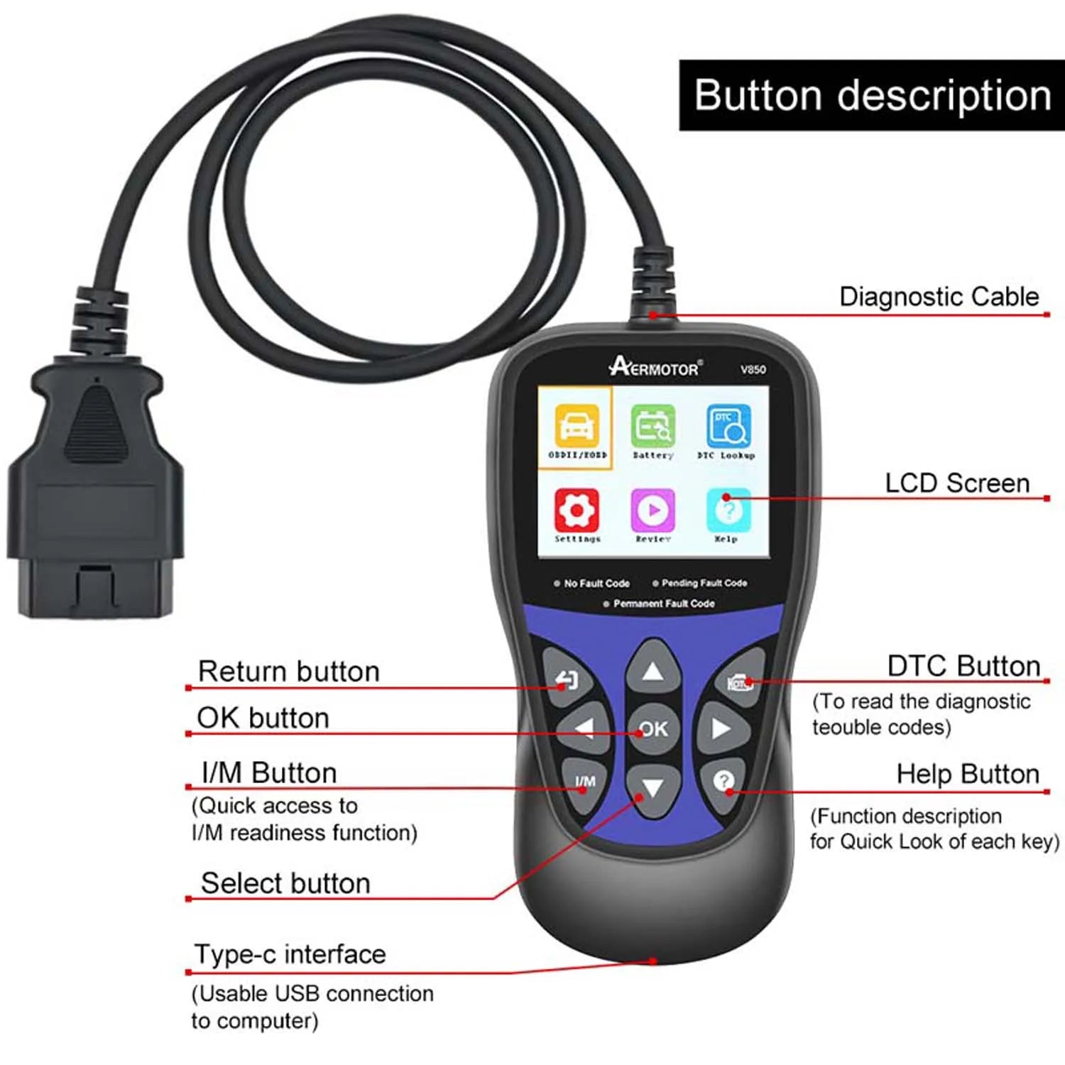 Aermotor V850 OBD2 Car Diagnostic Scanner & Code Reader OBD2 Diagnostic Scanner Oasis Select