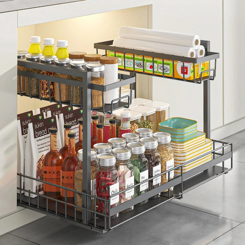 Retractable kitchen sink rack double-layer cabinet seasoning basket multi-functional storage rack under the sink Oasis Select