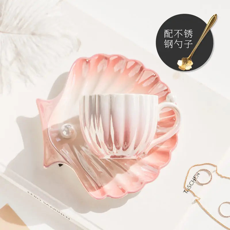 Shell Ceramic Mugs, Women's Coffee Water Cups Household Pearl Cup and Dish Sets High Appearance Level Cups Oasis Select Powder 240ml