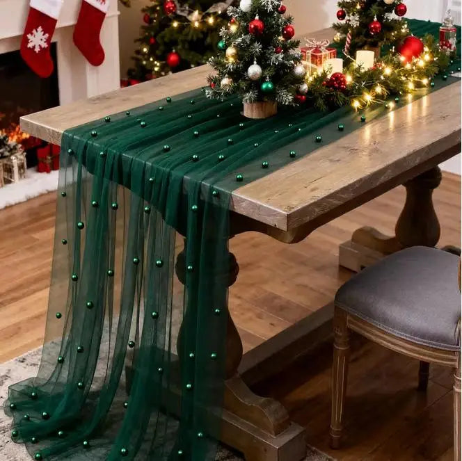 Pearl Beaded Tulle Table Runner – Wedding & Party Decor