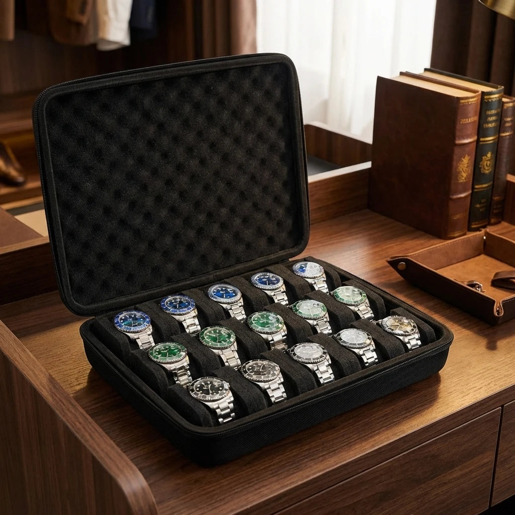 Hard-Shell 15 Slots Watch Storage Organizer Case, Watch Carry Box Fit Large And Small Watches, With Soft Foam Pillow Oasis Select