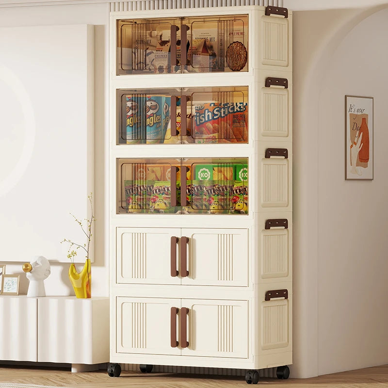 Foldable storage cabinet - movable multi-level double-door storage cabinet - living room and kitchen transparent storage box Oasis Select