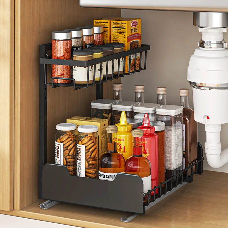 Kitchen Sink Lower Shelf Storage Pull Basket Two-way Guide Rail Bathroom Toilet Cabinet Layered Pull Basket Oasis Select