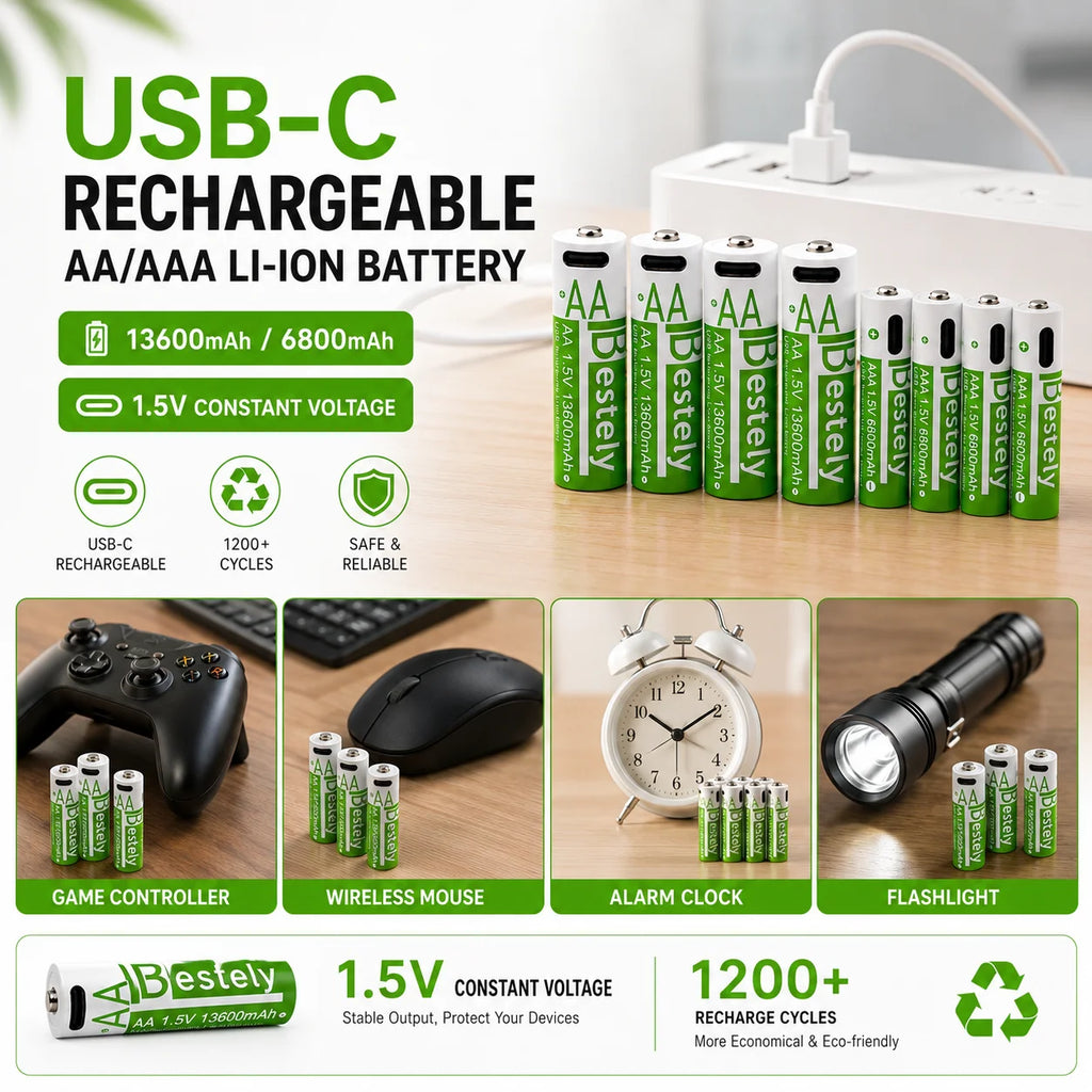 AA AAA 1.5V Li-ion Rechargeable Battery USB-C Charging 13600mAh 6800mAh High Capacity Battery for Flashlight Camera Controller Oasis Select