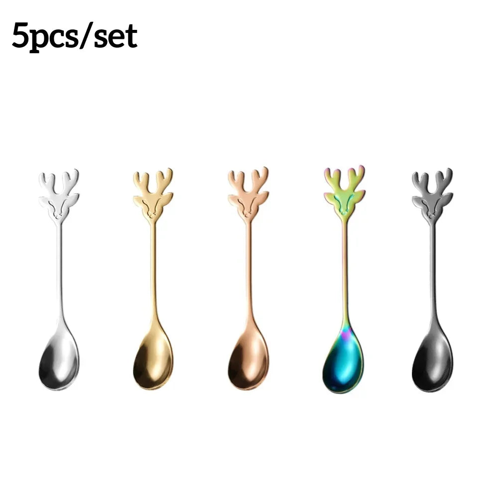 304 Stainless Steel Christmas Reindeer Coffee Spoon Elegant Dessert Stirring Stick for Tea Hot Chocolate Kitchen Bar Tools Oasis Select 5pcs 12cm