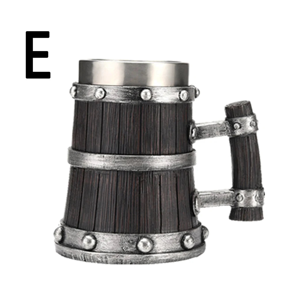 Wooden Barrel Beer Cup Stainless Steel Coffee Mug Viking Style Vintage Beer Mug Double Wall Drinking Cup Halloween Bar Drinkware Oasis Select E 600ml