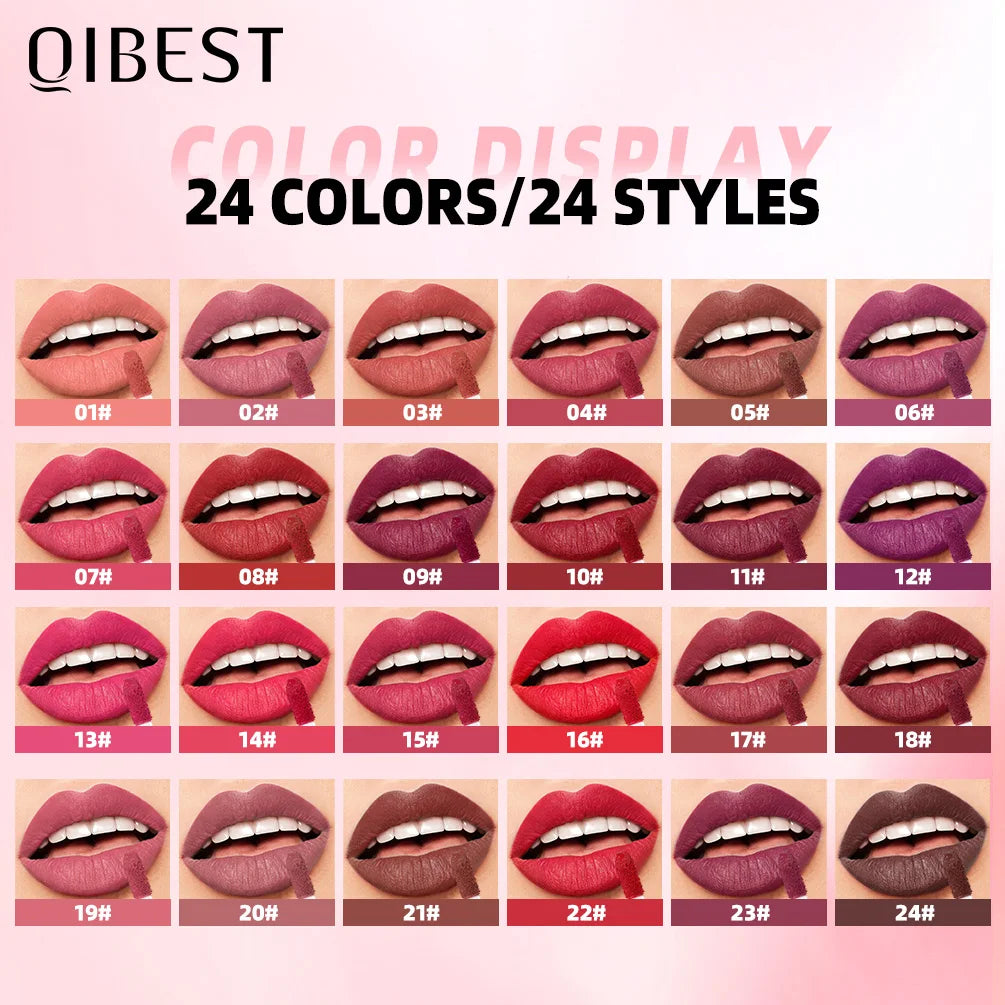 QIBEST 24 Colors Matte Lipgloss Waterproof Lasting Liquid Lipstick Nude Purple Lip Tint Makeup Lip Glaze Cosmetics Red Lip Stain Oasis Select
