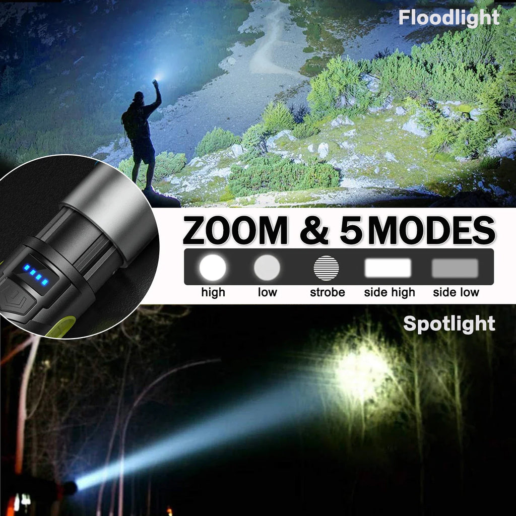 Powerful LED Flashlight Outdoor Camping Light USB Rechargeable Flashlight Portable Work Light Emergency Torch with Side Lights Oasis Select