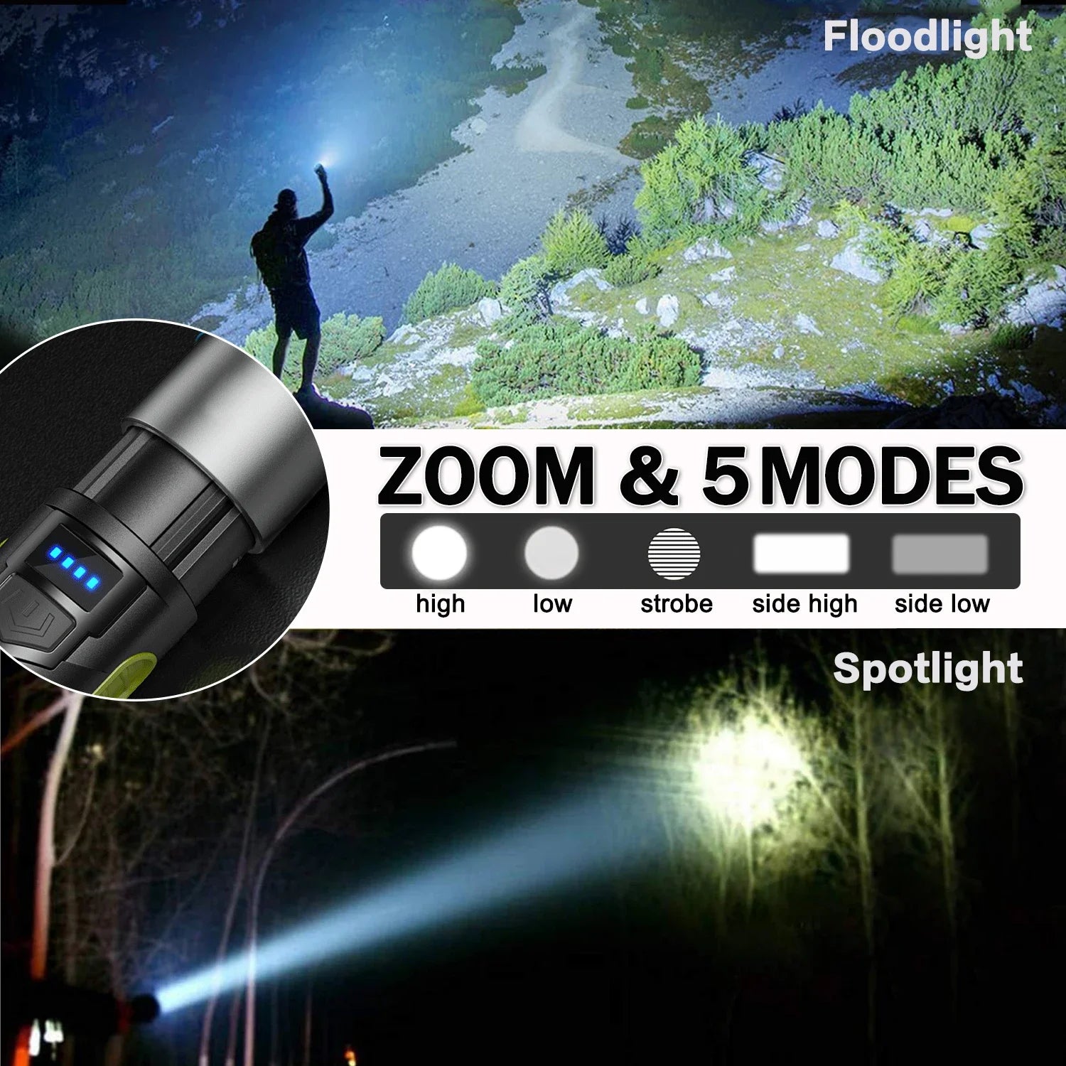 Powerful LED Flashlight Outdoor Camping Light USB Rechargeable Flashlight Portable Work Light Emergency Torch with Side Lights Oasis Select