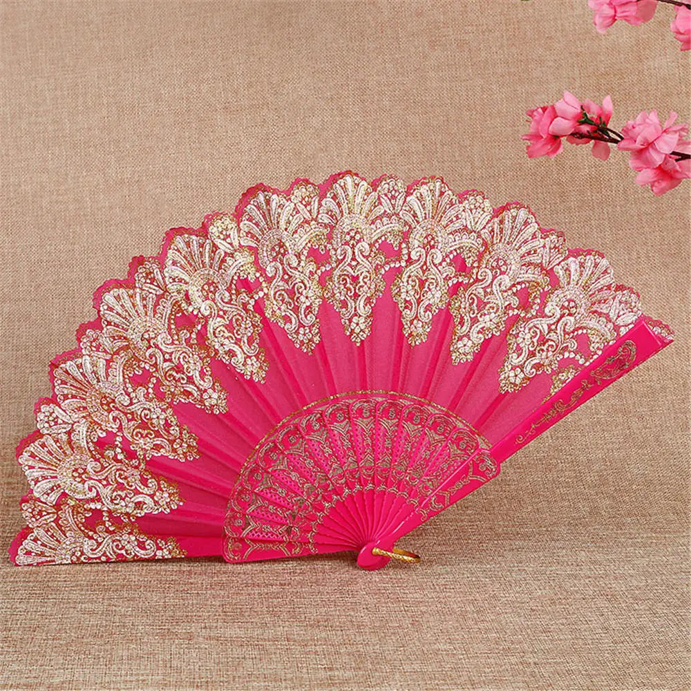 Chinese Style Folding Dance Fans Wedding Party Lace Silk Hand Held Flower Fan Vintage Lace Hand Held Fan Women Girl Photo Prop Oasis Select Red
