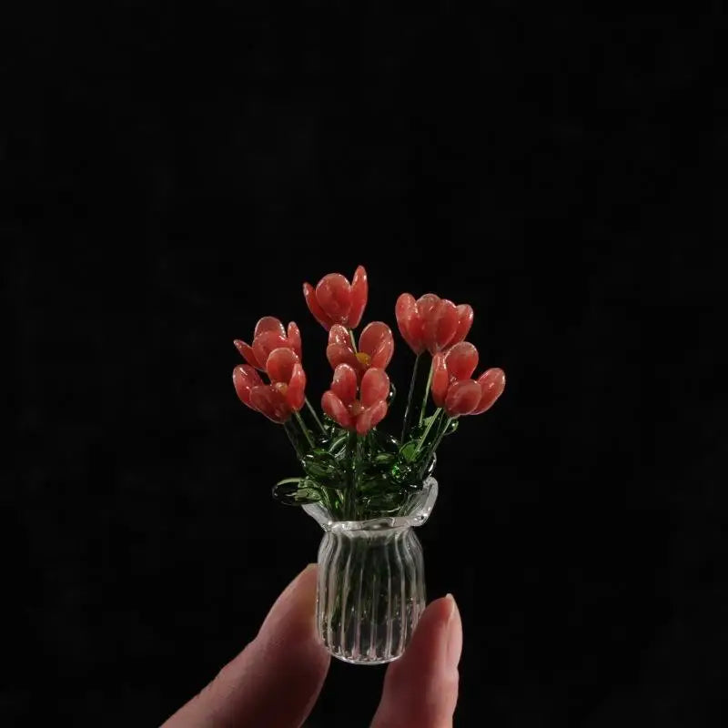 6/7Pcs Mini Lifelike Glass Flowers Simulation Flowers Handcrafted Floral Sculpture Floral Bouquet With Vase Home Decoration Gift Oasis Select A1