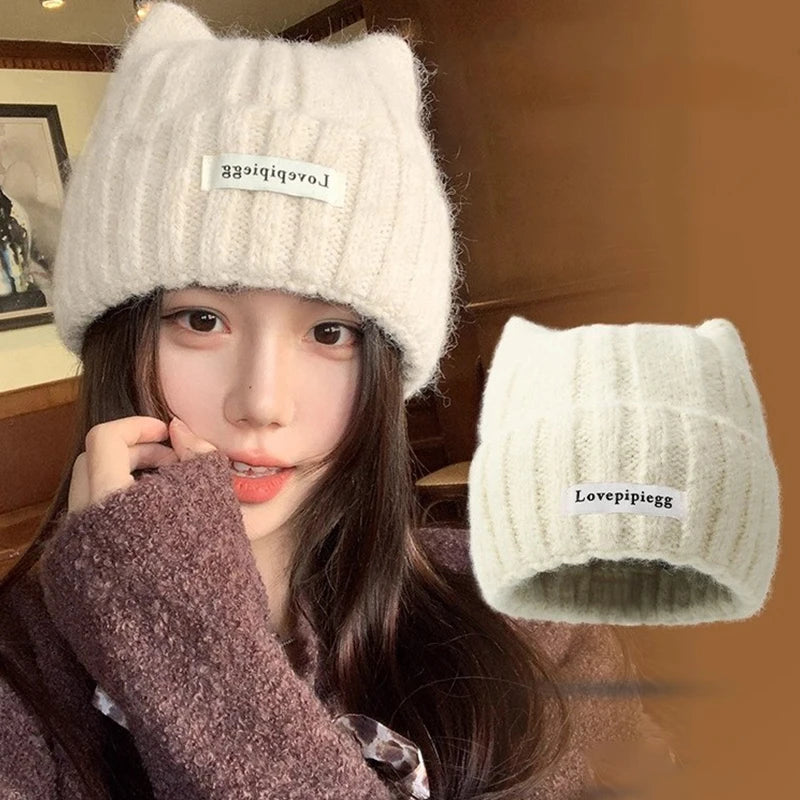 Cat Ear Knitted Beanie – Korean Style Winter Hat for Women