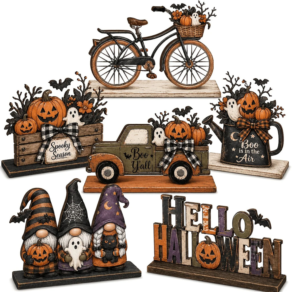 Halloween wooden dining table decoration, with patterns of fairies, trucks, ghosts, bicycles, etc. on the decorations. Oasis Select
