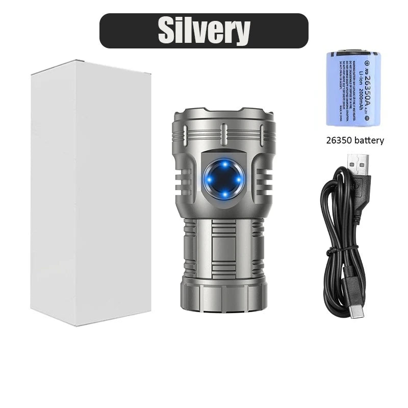 High Bright 8 LED Flashlight Aluminum Alloy Tactical Flashlight 26350 Battery Type-C Rechargeable Magnet Emergency Lantern Oasis Select 8 LED Silvery