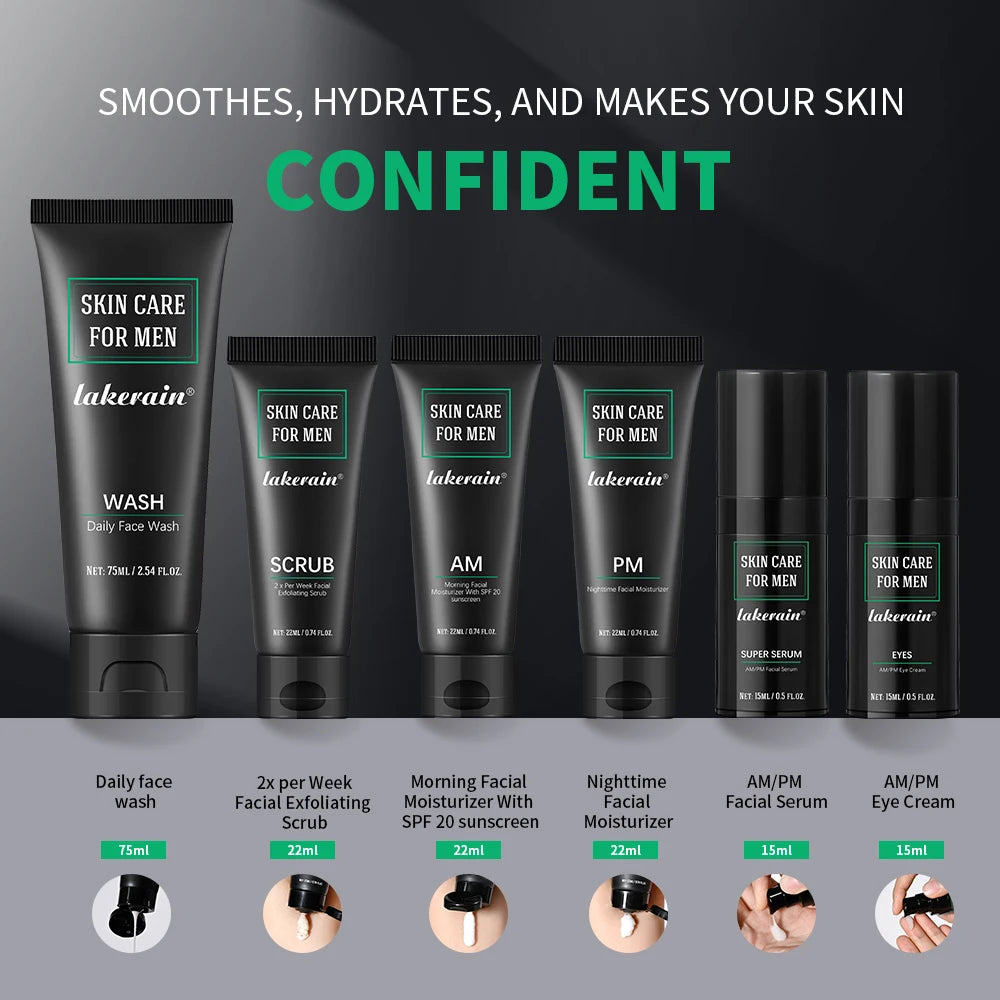 Lakerain Skin Care for Men Kit Oil Control Skin Firming Increase Hydrate Deep Cleaning Face 7 PCS Per Set Travel Skin Care Kit Oasis Select
