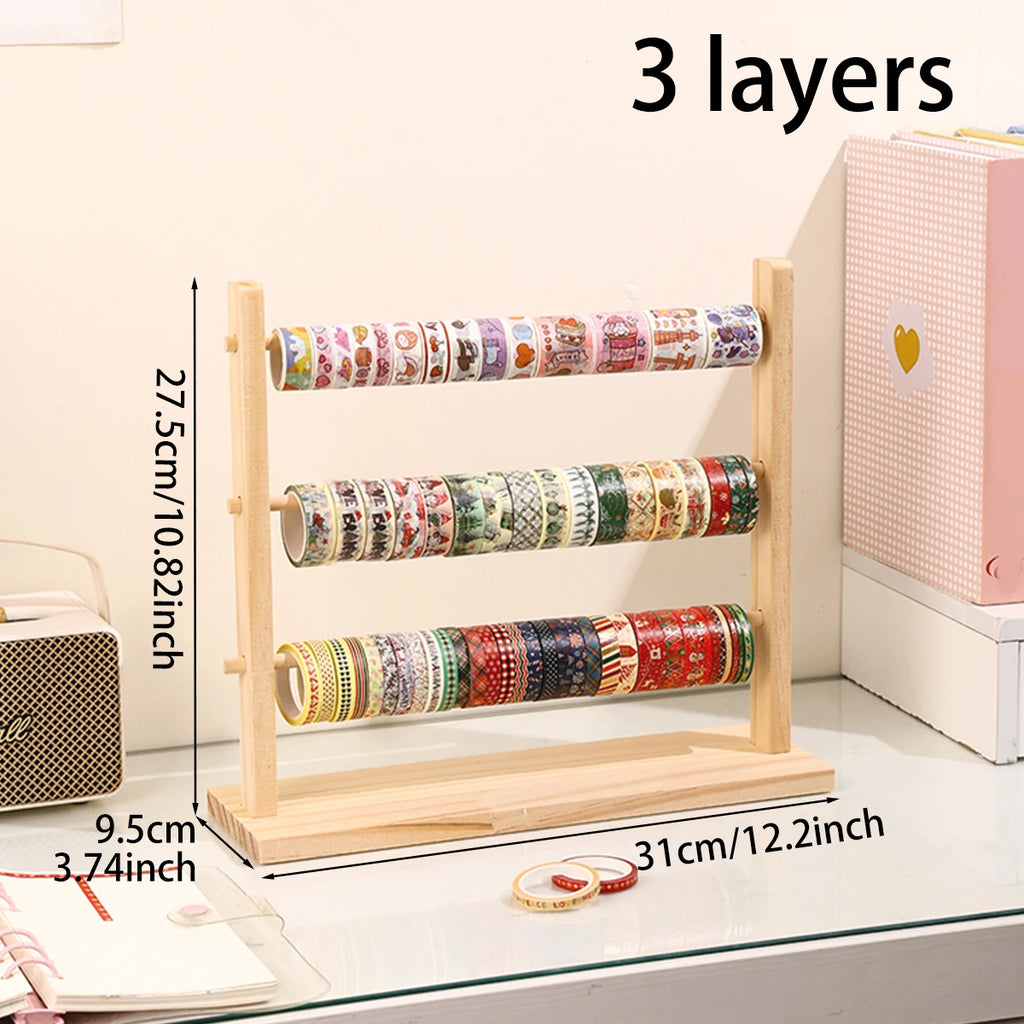 1pc wooden tape roll storage rack 3/4 layers wooden countertop ribbon organizer multifunctional office storage rack for home use Oasis Select 3layers-Yellow