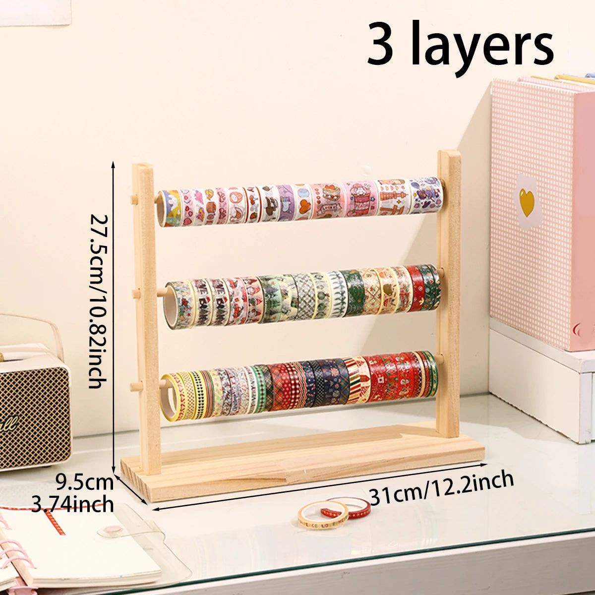 1pc wooden tape roll storage rack 3/4 layers wooden countertop ribbon organizer multifunctional office storage rack for home use Oasis Select 3layers-Yellow