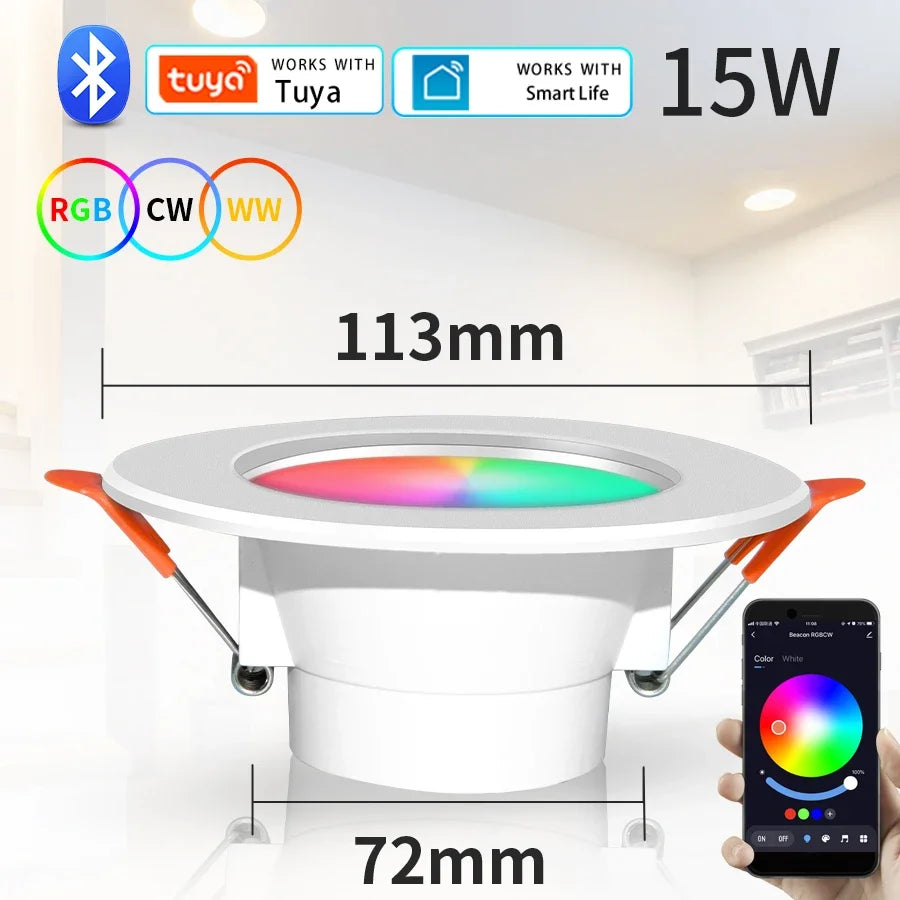 Tuya Smart LED Downlight Bluetooth Recessed Led Spot Lights 15W AC85-265V RGB+CW+WW APP Control Works With Alexa Geogle Home Oasis Select 15W 1PCS