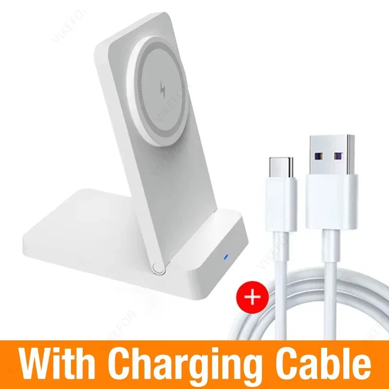 Magnetic Fast Charging Station 15W Wireless Charger Desktop Fold Smart Phone Holder Charge For Magsafe iPhone 16 15 14 13 12 Pro Oasis Select White With Cable