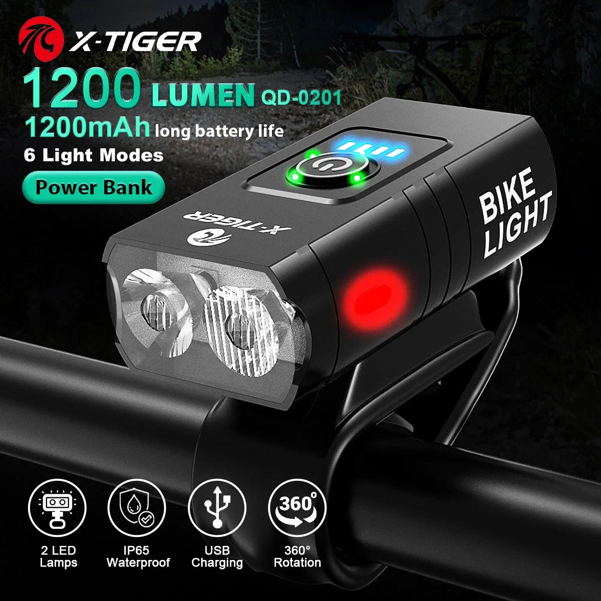 X-TIGER Bike Light Set Powerful USB Rechargeable Bright 10000mAh Bicycle Front Lights IPX5 Waterproof Front Lamp Cycling Oasis Select QD-0201